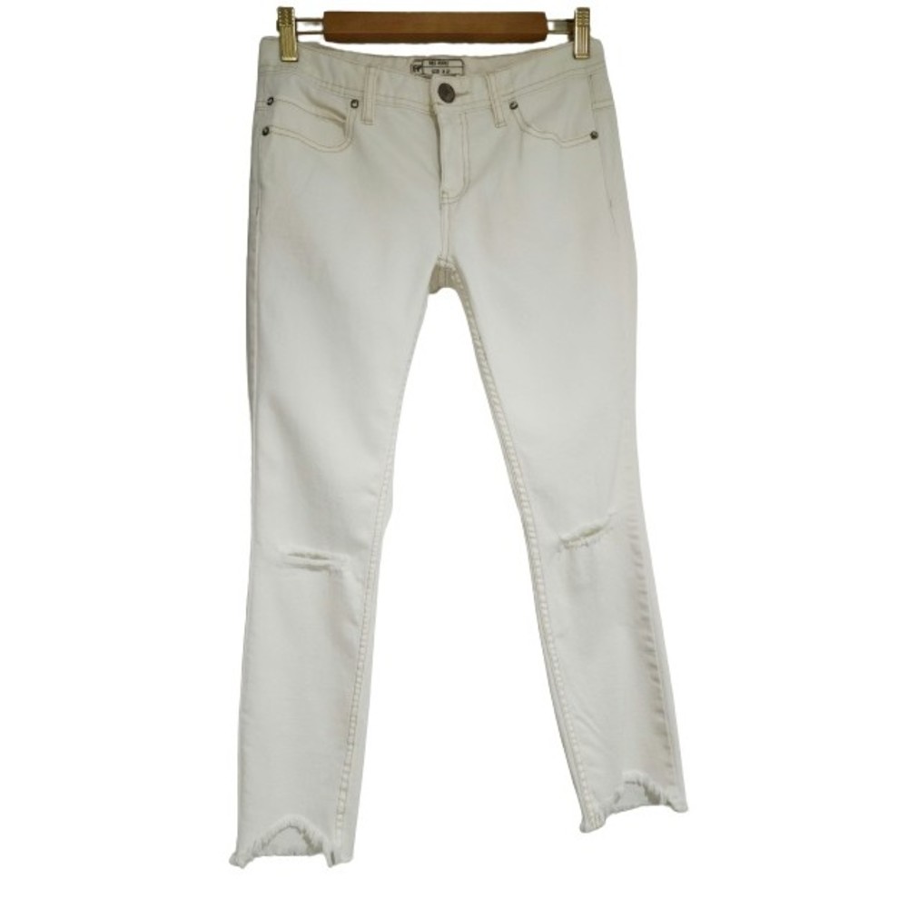 Free People Womens Distressed Skinny Jeans White Low-Rise Raw-Hem Ripped Size 27